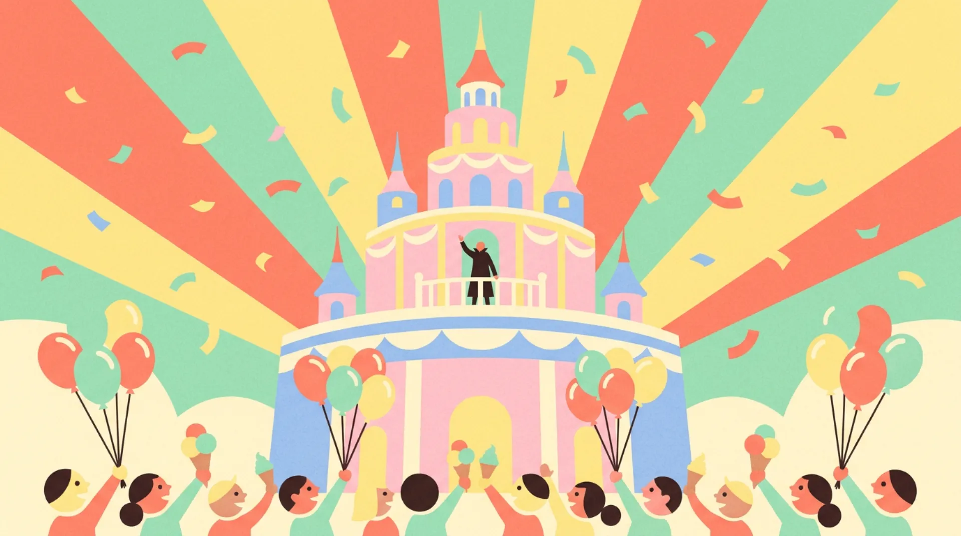 A pastel propaganda-poster scene: a tiny silhouetted leader waves from the balcony of a pink wedding-cake palace while a joyful crowd holds balloons and ice cream under giant sunburst rays and confetti.