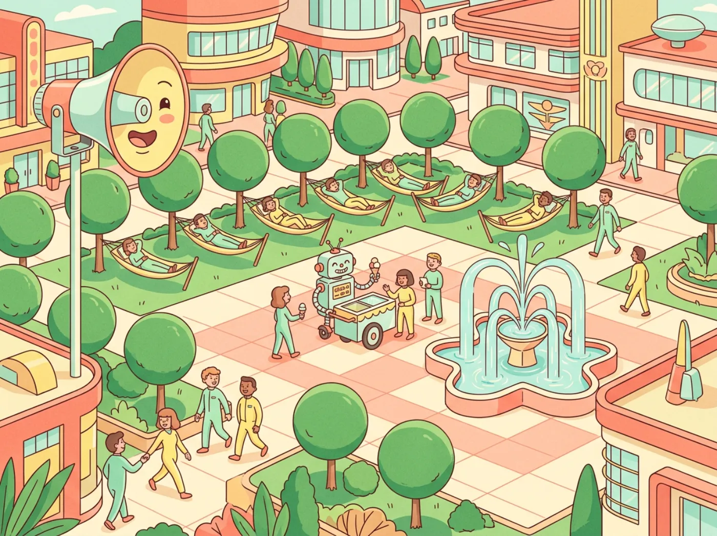 A pastel utopian town square: citizens in matching jumpsuits nap in rows of hammocks, a smiling robot hands out ice cream, round trees are trimmed into perfect spheres, a fountain sprays in neat arcs and a giant smiling loudspeaker watches over everyone.